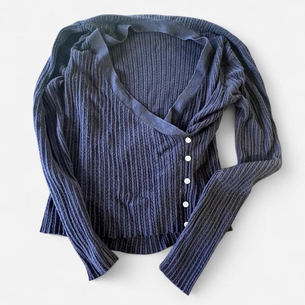Cardigan Sweater Womens Small Blue Ribbed Knit V Neck Button Front Top